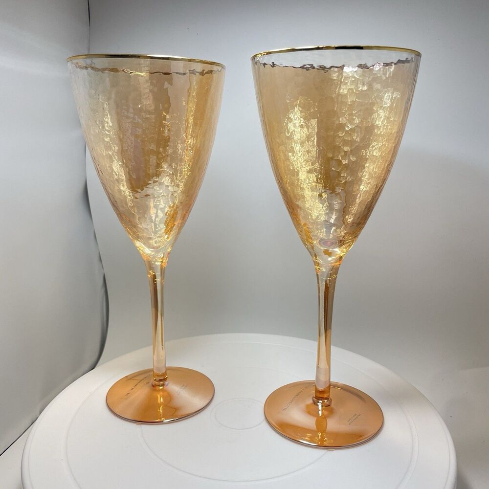 Anthropologie The Zaza Collection Wine Glasses - Honey Luster Gold Rim Set of 2 - Picture 6 of 8